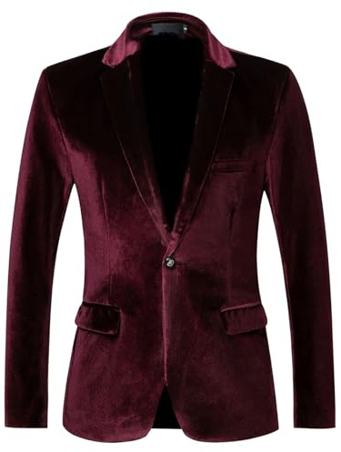 Blazer de Terciopelo para Hombre, Esmoquin de un botón con Solapa con Muesca, Traje Terciopelo para Boda, graduación, Esmoquin, Rojo Vino, Talla Extragrande