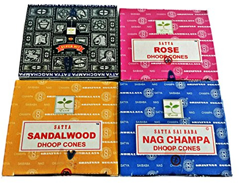 Satya Lot de 4 boîtes de cônes d'encens - Nag Champa, Rose, Bois de santal et Superhit