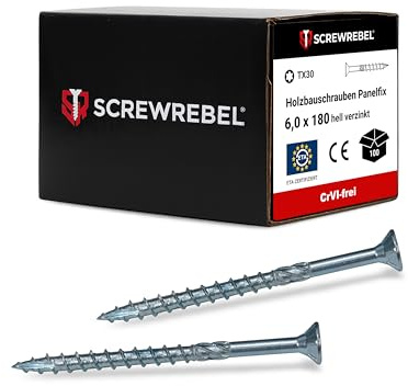 SCREW REBEL® Holzbauschrauben 6,0x180 mm [100 Stück] – Spanplattenschrauben hell verzinkt mit Reibteil & Cut-Spitze – TX30 Antrieb – Holzschrauben mit ETA-Zulassung – CrVI-frei & korrosionsbeständig