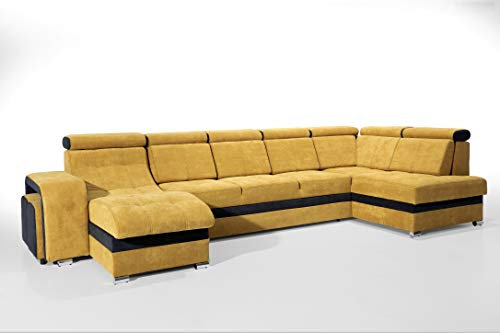Robin Inspire Milan Ecksofa mit Schlaffunktion 2X Bettkasten 7X Kopfstützen 2X Hocker Sofa L-Form Schlafsofa Freistehende Eckcouch Schlafcouch Wohnzimmermöbel Wohnlandschaft Rechts Schwarz Senfgelb