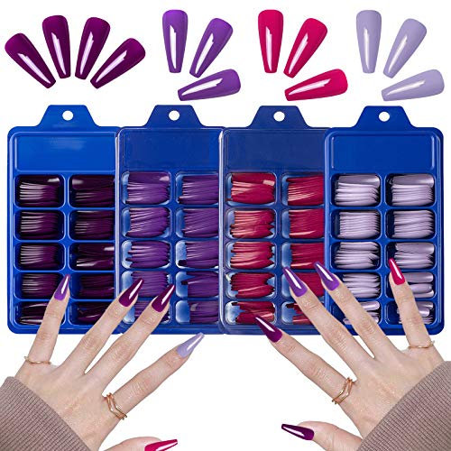 SIUSIO 400 Stück Bunte Sargnägel Full Cover Press on UV Top Coat Covered Pure Color Ballet Acryl Gefälschte Nägel Extra Lange Ballerina Falsche Gelnägel Kunstspitzen für Frauen und Mädchen (Lila)