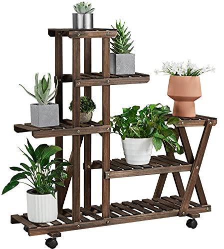 Yaheetech Soporte Plantas Interior con Ruedas Desmontables Estanteria Decorativa para Plantas Soporte Macetas de Madera Abeto para Salón, Jardín 97 x 33 x 101cm