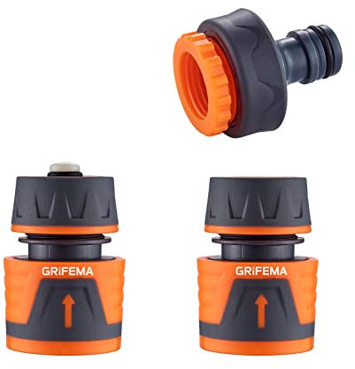 GRIFEMA GE1103 Kit Connettore per Tubo da Giardino con Waterstop 1/2, Attacco Rapido e Raccordi Femmina Premium 3/4 - Grigio e Arancione [Esclusiva Amazon]