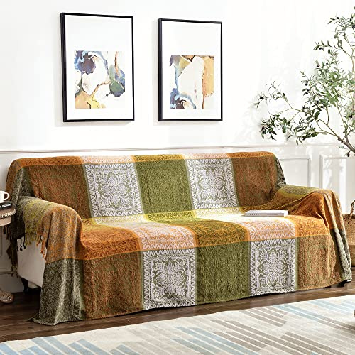 Edcooy Großer farbenfroher gewebter Chenille-Sofaüberwurf mit Quasten für Bett, Heimdekoration (Grün, Groß 220x260cm)