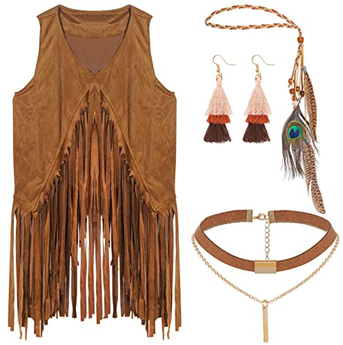 4 Stück Hippie Kostüm Damen kleidung 60er 70er Disco Fransen Weste Bekleidung Mädchen Outfit FaschingsKostüm Halloween Cosplay Karneval Fransenweste (M, Brown)