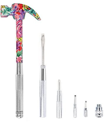 YOUMI 6 in 1 Multifunctional Floral Hammer & Screwdriver Tool Set Claw Hammer with Slotted/Flat Head Phillips Screwdriver Nail Puller for Her (Pink)