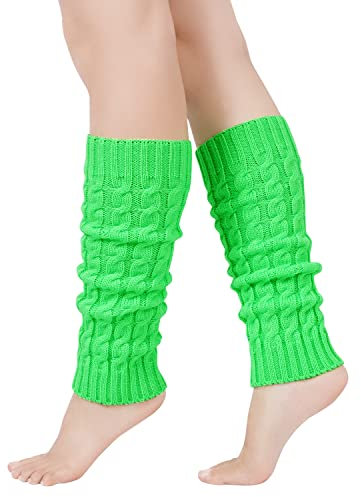 Junely Beinstulpen für Damen, 80er Jahre, Zopfstrick, Beinwärmer für Ballett, Tanz, Eiskunstlauf, Yoga, Party, Junior, lange Neonsocken, B-grün, Einheitsgröße