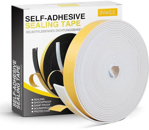 Inwee Guarnizione Finestra Adesiva, 25 x 3mm Schiuma Nastro Paraspifferi Porta, Guarnizione a Celle Chiuse ad Alta Densità, Insonorizzante Resistente alle Intemperie，Totale 10M