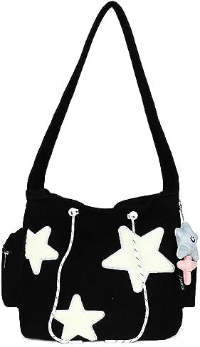 DKIIL NOIYB Umhängetasche Damen Y2k Tasche Messenger Bag Cord Tasche Süße Stern Crossbody Bag Groß Vintage Handtasche für Studenten Große Damen Einkaufstasche mit Anhänger