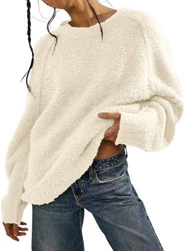 Women's Crewneck Long Sleeve Oversized Fuzzy Knit Chunky Warm Pullover Sweater Top 6108 Light Apicot M