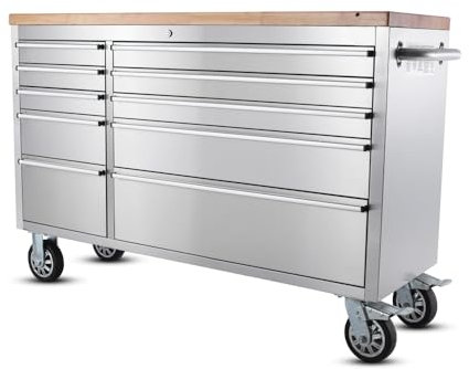 Ondis24 Edelstahl-Werkstattwagen Werkzeugwagen mit 10 Leichtlaufschubladen & XL-Massivholzarbeitsplatte, Lenkrollen, fahrbare Werkbank, unbestückt (Silber, 148 x 47 x 92 cm)