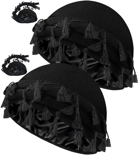 Ababalaya Verstellbarer, mit Satin gefütterter Halo-Turban für Herren und Damen, verdrehte Quaste, Kopfwickel, Schlafmütze, Turban, Durag, BlackBerry, Einheitsgröße