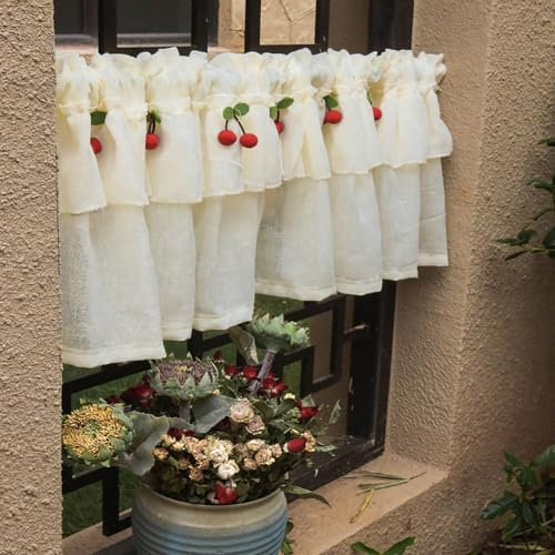 LNGFSH Gardine Scheibengardinen Kurzstores Bauernhaus Leinen mit Kirschdekor Halbtransparent Kurzgardinen Küchengardine Küche Fenster Kurz Vorhang Stores Bistrogardine (BxH 150x60cm)
