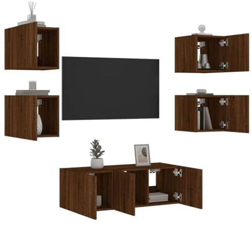 ZEYUAN 6-TLG. Wohnwand mit LED-Beleuchtung Braun Eichen-Optik, Wohnwand Wohnzimmer, Wohnzimmer Möbel, Schrankwand Wohnzimmer, Tv Möbel, Anbauwand Wohnzimmer - 3216817