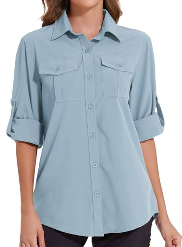 Tuopuda Blusa Donna Anti UV UPF50+ Maglia Top Protezione Solare T-Shirt Abbigliamento Asciugatura Rapida Copricostume Mare Scollo a V Shirt per Trekking Vacanza, Blu, M