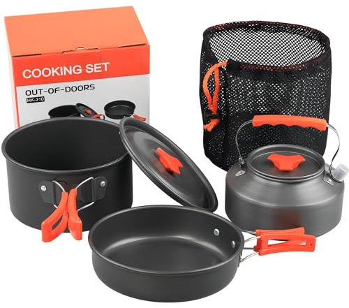 Hoquare Camping Cookware Set, 3pcs Nonstick Outdoor Aluminum Lightweight Camping Pan, Camping Pot, Portable 2-3 People Camping Cooking Kit for Travel, Camping, Hiking, Picnic, BBQ (Orange)