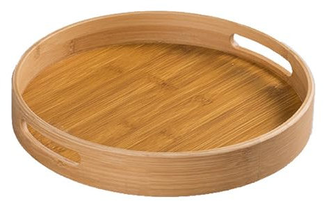 Bafnsiji Vassoio di Servizio in Legno di bambù, Vassoio di Portata Rotondo, Vassoio di bambù Rotondo in Legno con Manici, Vassoio ottomano per Pane, Frutta, caffè, Latte, tè,25cm