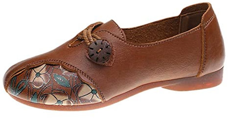 Schuhe Damen Boots Schwarz Glitzer Damenschuhe Ethno-Stil Kleine Lederschuhe Flache Blumendruck Retro Einzelne Schuhe Freizeitschuhe Vintage Damenschuhe (Brown, 38)