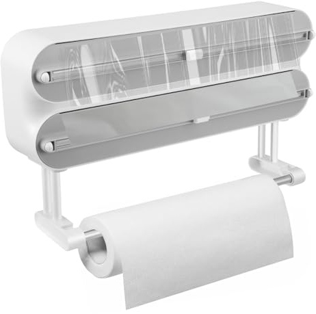Distributeur Papier Aluminium et Film, Devidoir Essuie Tout Mural sans Poinçon, Coupe Film & Porte-Serviettes en Papier Magnétique, Support de Rangement avec Lames Tranchantes (Gris)