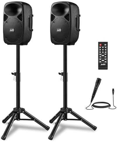 Moukey PA System, 8 Inch DJ Speakers 800W Peak with Rechargeable Battery, Bluetooth 5.0, Active & Passive Powered PA Speakers with USB/TF/FM/AUX/Mic Inputs, 2 Tripod Stands, Wired Mic, Remote