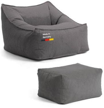 mokebo Sitzsack Sessel mit Hocker aus Cord 'Der Lümmel' (83x73x60 cm) Made in Germany, XXL Sitzsack, Cord Sessel, auch als Riesensitzsack für Wohnzimmer und Wintergarten in Anthrazit