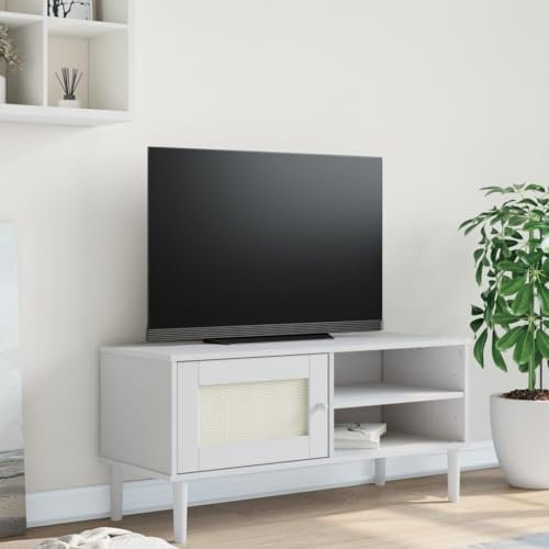 Juroupi TV-Schrank Fernsehschrank Schrank Wohnzimmer TV Cabinet TV Sideboard Wohnzimmer SENJA Rattan-Optik Weiß 106x40x49 cm Kiefernholz