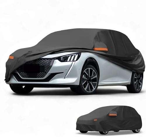 Partuto Housse De Voiture Étanche Anti-UV pour Peugeot 208 1pc Noir | Couleur Noir, Matériau 190T-PU, Dim. 410x175x130cm, Anti-Uv & Pluie, Fermeture Éclair, Corde Élastique, Bande Réfléchissante
