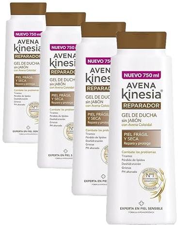 Avena Kinesia Gel de Baño Reparador Formulado sin Jabón con Avena 100% Natural, 750ml (Paquete de 4)