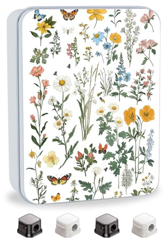 VACGBJPG Metal Tin Box with Lid for Game Cards Home Organizer Candles Keys Crafts Storage - Equipped with 4 Magnetic Cord Clips，Flowers and Butterflies