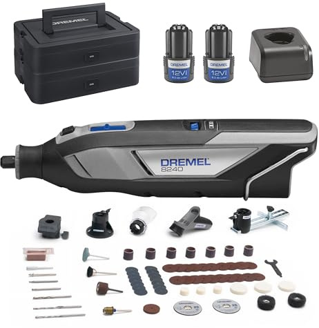 Dremel 8240 Akku-Multitool 12V 2Ah, Multifunktionswerkzeug Set mit 2 Akkus, 5 Auf-und Vorsätze, 1 Dremel BOX, 65 Zubehören zum Schneiden, Gravieren, Schleifen, Polieren, Schärfen, Bohren