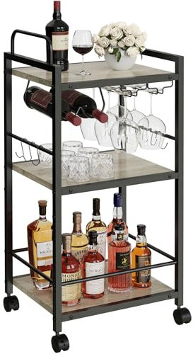 Carrito de bar para el hogar, carros de cocina de 3 niveles con ruedas, carrito pequeño con soportes de vidrio, estante para vino, mini carrito de bar para cocina, comedor, sala de estar, 13 pulgadas