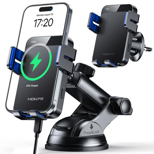 MOKPR Car Phone Holder Wireless Charger, 15W Wireless Car Charger Auto Clamping Used for Air Vent/Dash/Windshield Compatible with iPhone 17/16/15/14/13/12&Samsung S26/S25/S24/S23/S22 (Blue)