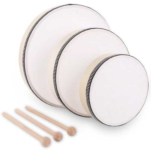 MIVIDE Tambor de mano de 3 piezas con baqueta, tambor de pandereta de 6 pulgadas, 8 pulgadas y 10 pulgadas, percusión de pandereta, juego de tambor de mano de madera para fiestas, actuaciones
