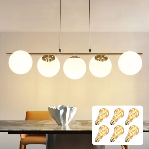 ZMH Pendelleuchte Esstisch Hängeleuchte Modern Esszimmerlampe Gold | Glaskugel Vintage Glas Hängelampe mit 6 × 4W E27 Leuchtmittel Höhenverstellbar Wohnzimmer Pendellampe für Esszimmer