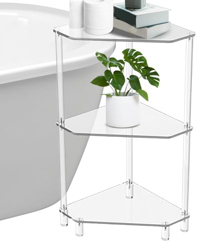 Tavolo angolare a triangolo in acrilico – Paletta angolare, supporto per display sottile, mobili in acrilico moderno | Organizer a triangolo a 3 livelli, strati trasparenti, compatta libreria, design