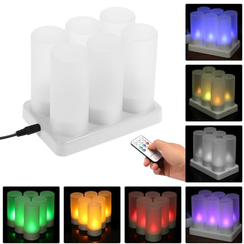 Lot de 6 bougies chauffe-plat LED rechargeables à changement de couleur vacillante sans flamme avec télécommande USB 5 V Base de charge pour fête de Noël, vacances, festivals, mariage