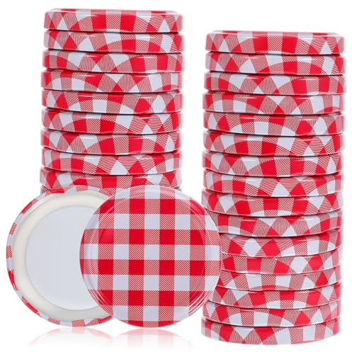 MUCKLILY Lot De 40 Couvercles Métalliques À Visser 2.56 Pouces Pour Pots De Confiture Bocaux Mason Étanches Motif Carreaux Rouges Et Blancs Accessoires Cuisine Conservation Alimentaire