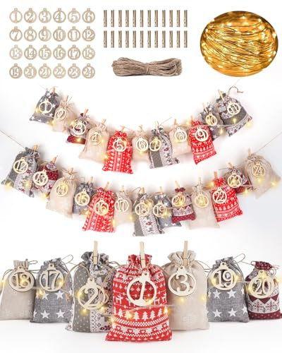 DIY Adventskalender zum Selber Befüllen Stoff: Stoffsäckchen Jutesäckchen Adventskalender 2025 Säckchen Wiederverwendbar, 24 Nikolaus Tüten Weihnachtskalender 2025 Selbst Befüllen