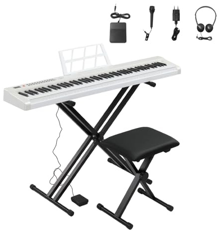 Bonnlo GPP-101 88 Tasten Halb-Gewichtetes Digitalpiano mit Dual-Tube X-Form Ständer, Bluetooth (Audio & MIDI), Kopfhörer, Sustain Pedal und LED-Display, ideal für Anfänger und Fortgeschrittene, Weiß