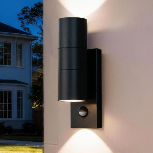 Außenleuchte mit Bewegungsmelder, Up & Down, Aluminium Schwarz 230V | 9W IP44 Außenlampe Haustürlampe Einstellbar Leuchtdauer Reichweite 2x GU10 Fassung, für Haustür, Garten, Garage und Terrasse