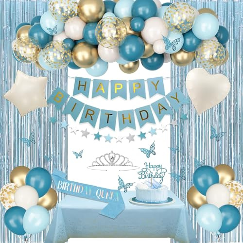 BlueCloudy Geburtstagsdeko Frauen Geburtstag Deko Blau Weißsand Luftballons | Folie Ballons Tischdecke Schärpe Krone Fransen Vorhänge Happy Birthday Banner Stern Girlande Kuchendeko für Frau Decorations