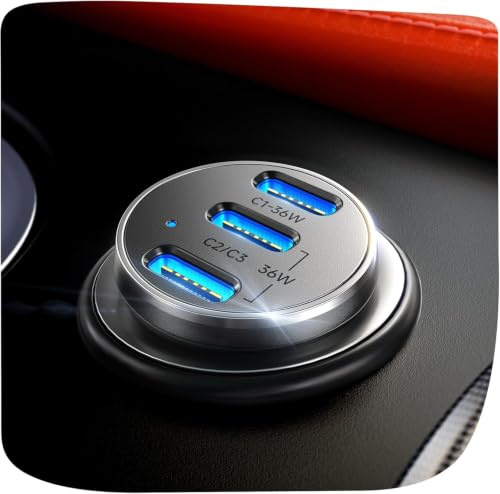 LISEN Smallest USB C Car Charger 3‑Port Fast Charge (36W PD/33W PPS/QC3.0) | Cigarette Lighter USB C Charger Socket 12/24V for iPhone 17 Samsung S26 iPad Macbook Women Car Accessory, Aerospace Aluminium