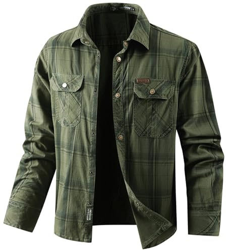 PADOLA Camicia a Quadri Uomo Button Down Manica Lunga con Tasca Camicie da Lavoro Casual Tops Regular Fit(XXL,Verde Militare)