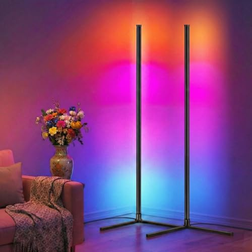 2er Set RGB Stehlampe Dimmbar, 165cm Höhenverstellbar LED Stehleuchte mit App/Fernbedienung, RGBIC Corner Lamp Musik Sync, Abnehmbares Design für Schlafzimmer Wohnzimmer Gaming Deko, Schwarz