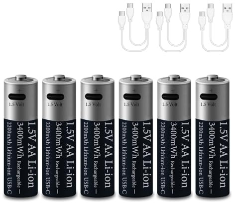 6 Pezzi 1,5V AA 3400mWh Litio Batteria Ricaricabile, 1,5Volt Doppia A Lithium 2200mAh Batterie per Telecomando/Controller/Radio, 2 in 1 USB-C Ricarica Cavo, 2 Ore Ricarica Rapida, 1200 Cicli ()