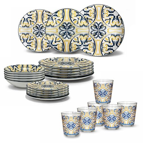 ARCA Servizio da Tavola in Porcellana Decorata, Set 18 Piatti + 6 Bicchieri