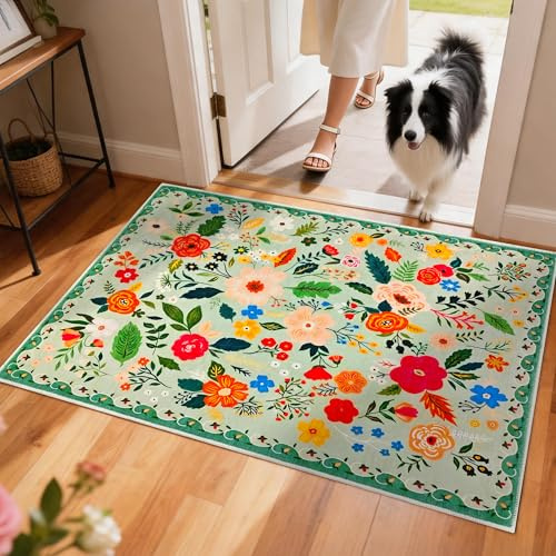 YOSEPATI Ultradünne Fußmatte für den Innenbereich, 91 x 60 cm, waschbar | für den Eingangsbereich, Flacher Schmutzfänger, wasserdichte Eingangsmatte mit Boho-Blumenmuster, rutschfeste Gummirückseite