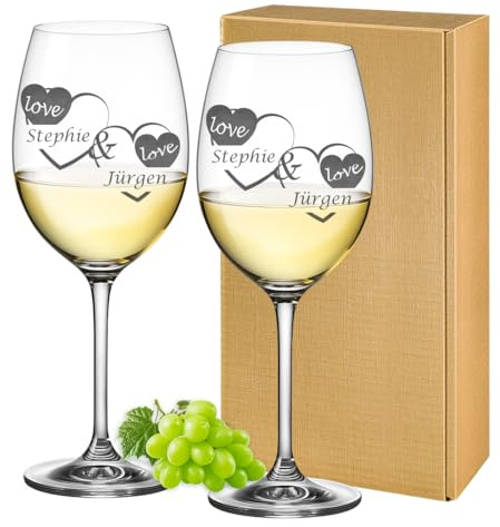 2 Leonardo Weingläser mit Gravur - Hochzeitsgläser Geschenkidee zur Valentinstag für Paare personalisiert Hochzeitsgeschenk Rotweinglas 460ml - Motiv Liebe mit Herzen