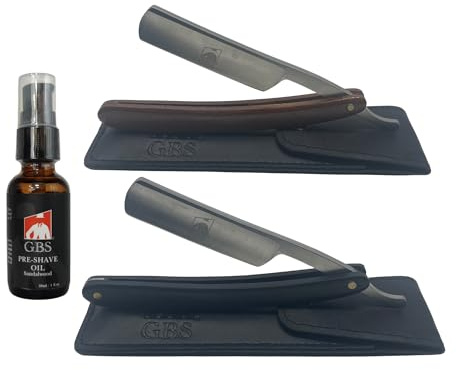 GENTS Straight Razor Shaving Set – 2 Stainless Steel Straight Edge Razors with Leather Cases (Black Wood & Hardwood) + Sandalwood Pre-Shave Oil, Professional Barber Kit for Men