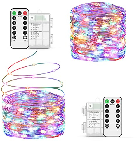 OxaOxe 2 Stück 100 LED Lichterkette Außen und Innen 10M Lichterkette Batterie Bunt Wasserdicht mit Fernbedienung & Timer und 8 Modi Beleuchtung Deko für Weihnachten/Party/Garten usw.